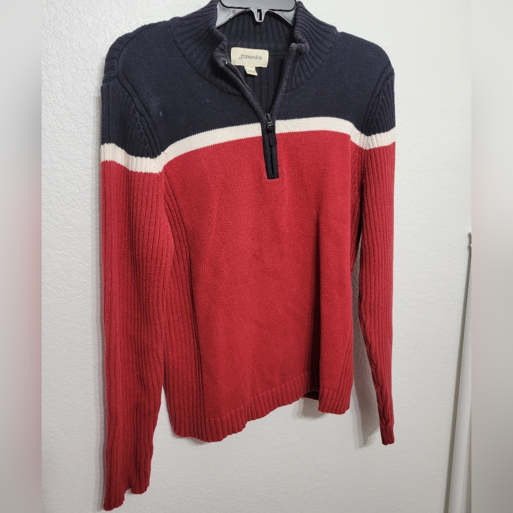 St. John’s Bay Stripe Zip Mock Neck Ribbed Sweater Black, White & Red, size L